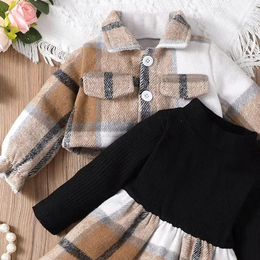 0-3-Year-Old Newborn Baby Girl Autumn And Winter Plaid Long Sleeved Matching Pit Stripe Long Sleeved Patchwork Plaid Dress Set