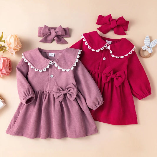2-Piece Baby Girl Corduroy Lace Dress Set with Bow Headband